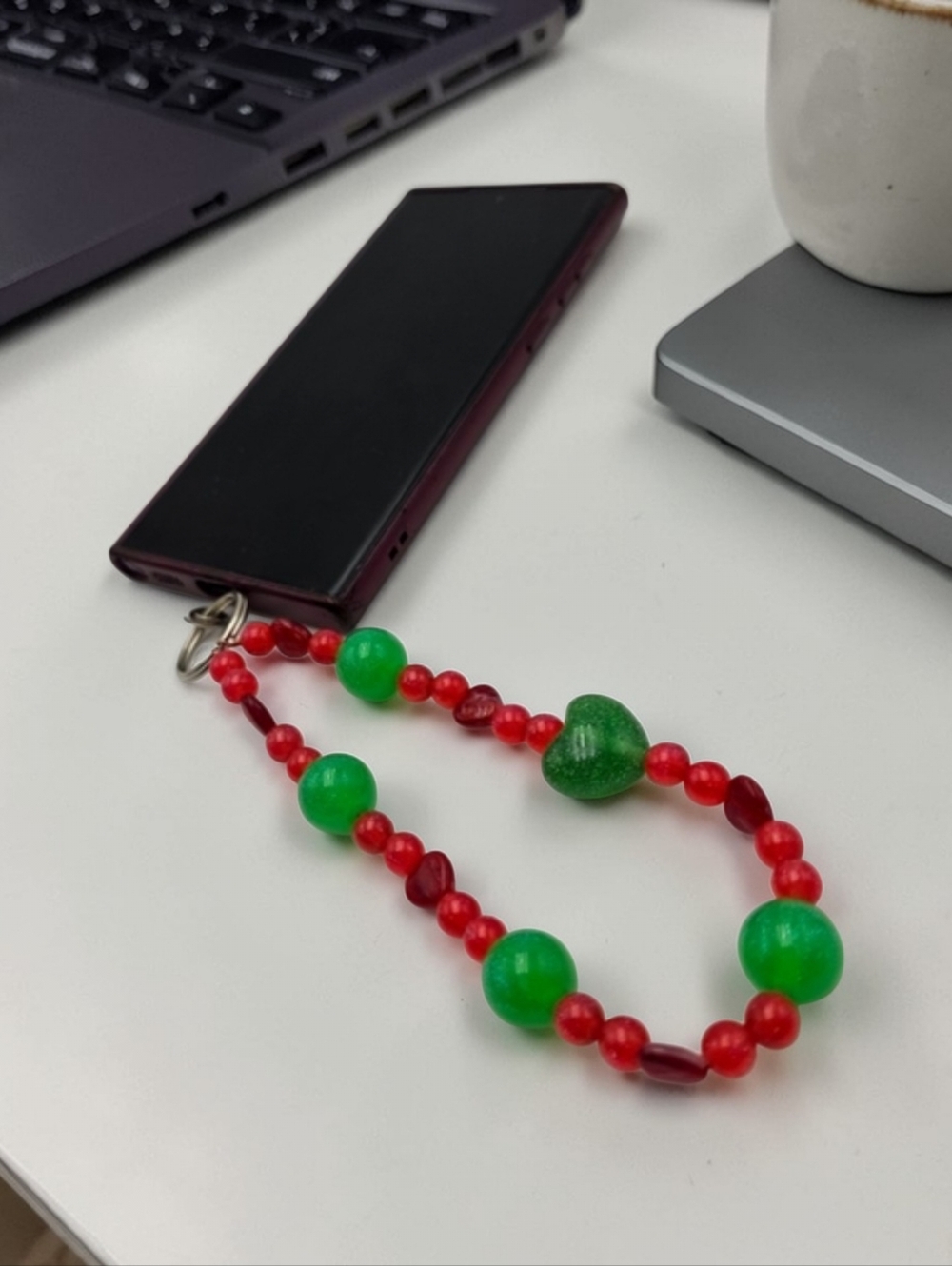 Handmade Red and Green Beaded Phone Charm